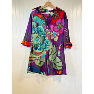 Soft Surroundings Tunic Top Women's S Sadie Purple Floral Button Front Longline